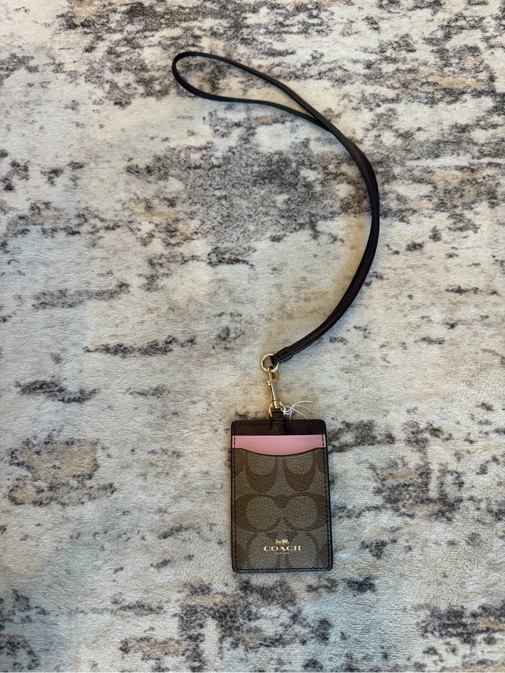 Coach Signature Card Holder Lanyard in Brown with Pink Accent
